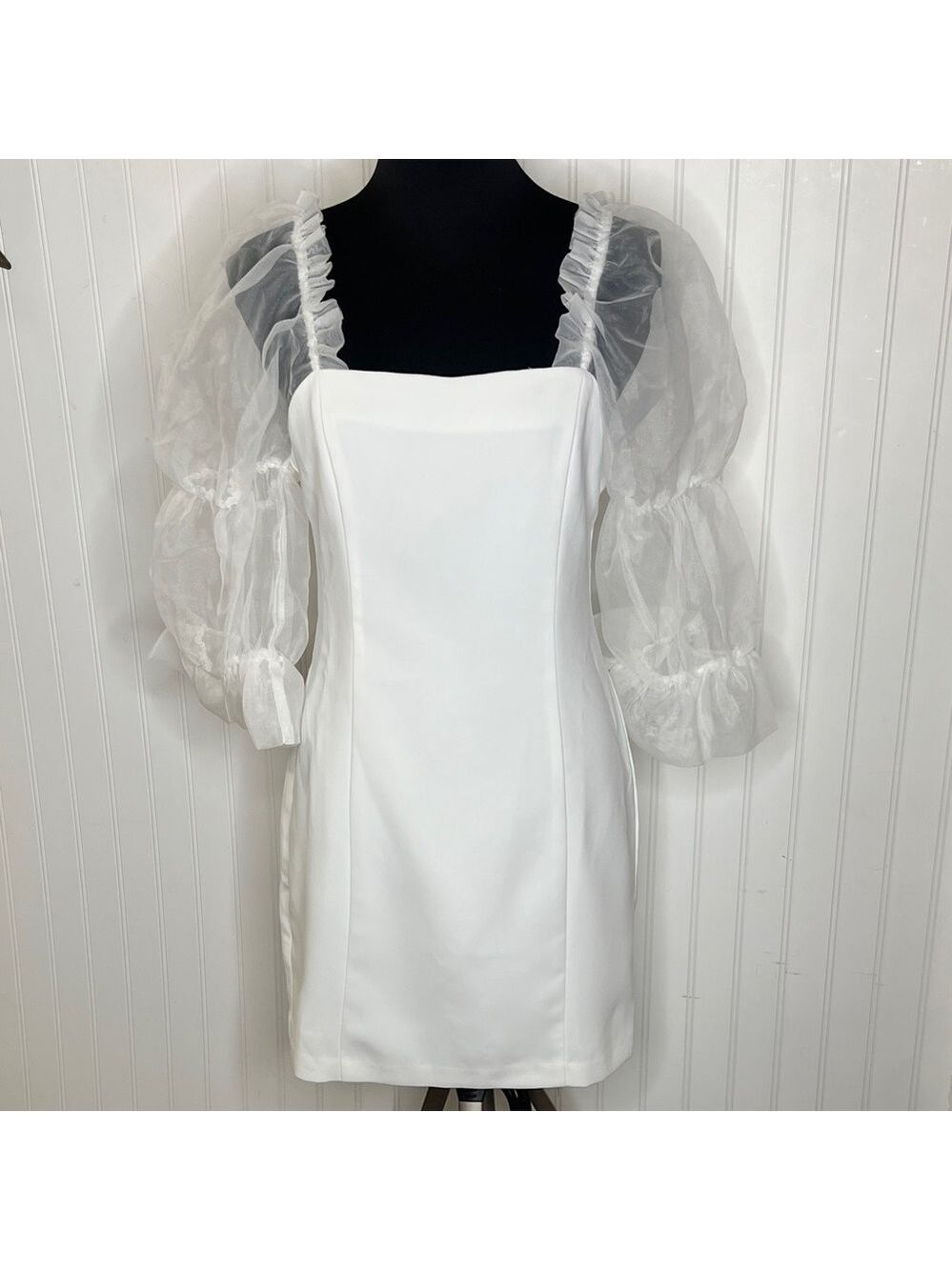 Amanda Uprichard Tia White Mini Dress with Sheer Sleeves Size Medium